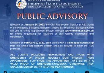 PUBLIC ADVISORY Effective on January 24, 2022, the Civil Registration Service (CRS) Outlet of the Philippine Statistics Authority